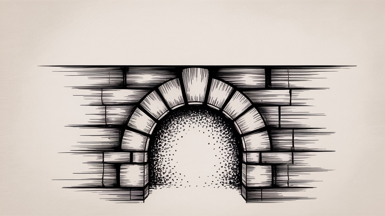 A stone archway with fine particles drifting through the opening, drawn in ink hatching.