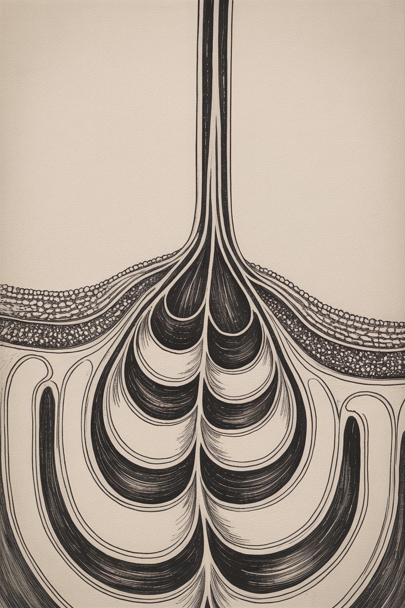 A branching channel descending through layered tissue, drawn in ink hatching.