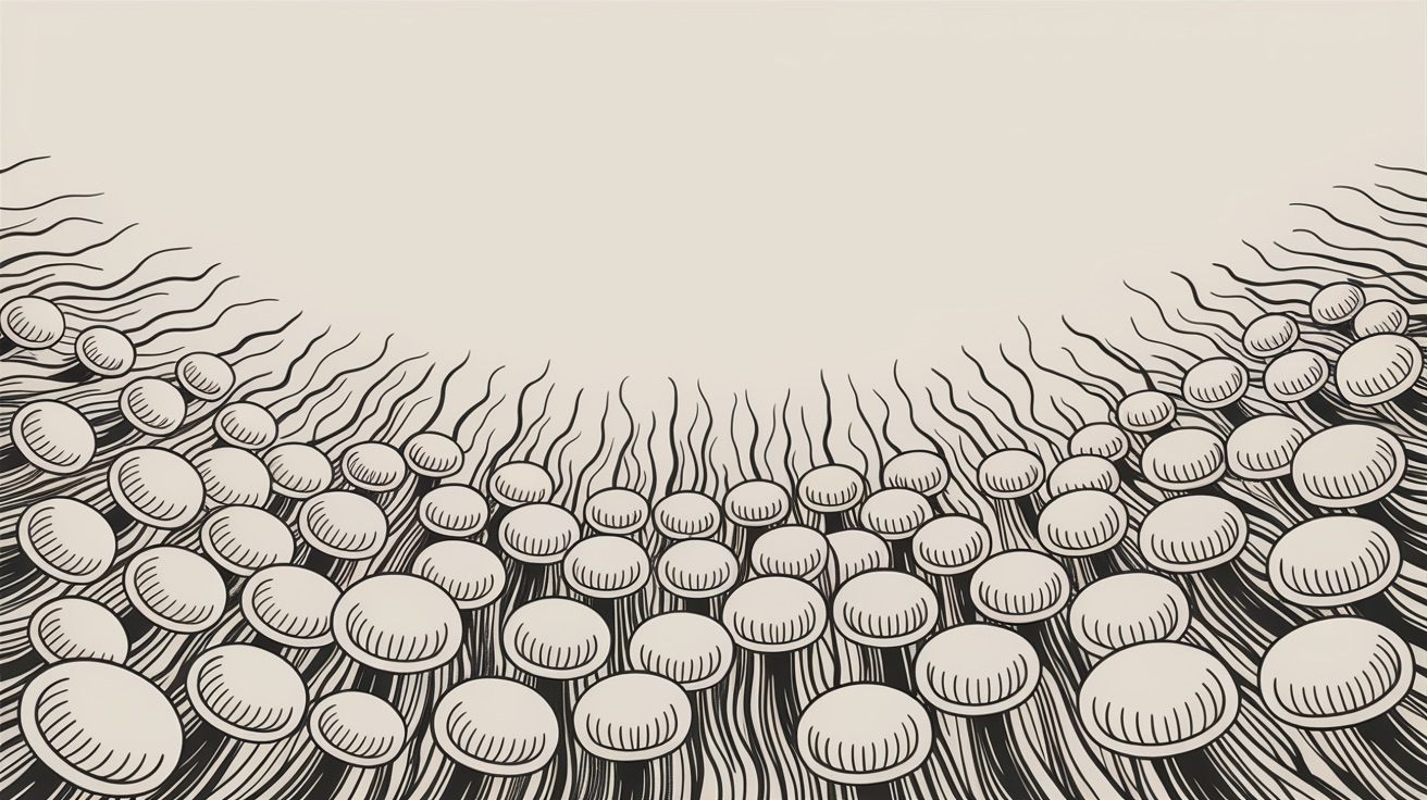A dense field of rounded microorganisms among fine filaments, drawn in ink hatching.